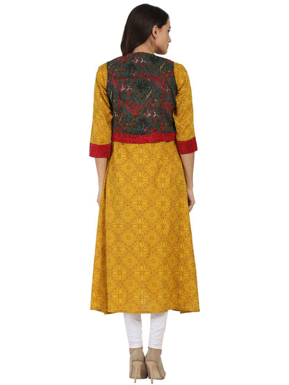 Women's Yellow Printed 3/4Th Sleeve Rayon Anarkali Kurta With Blue Printed Jacket