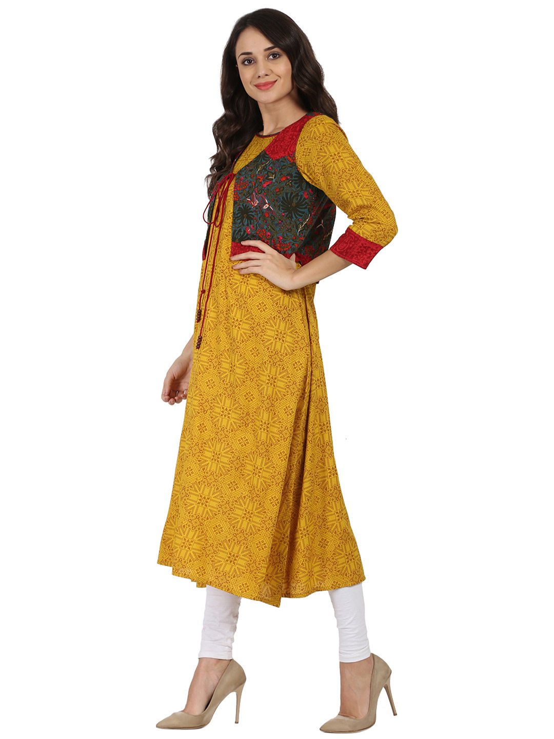 Women's Yellow Printed 3/4Th Sleeve Rayon Anarkali Kurta With Blue Printed Jacket