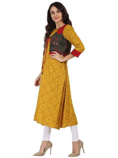 Women's Yellow Printed 3/4Th Sleeve Rayon Anarkali Kurta With Blue Printed Jacket