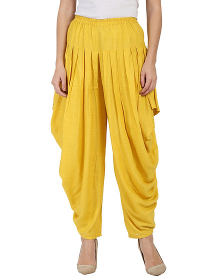 Women's Yellow Rayon Slub Ankle Length Pleated Dhoti