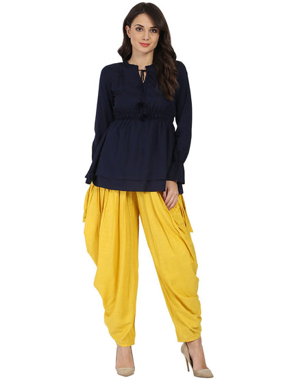 Women's Yellow Rayon Slub Ankle Length Pleated Dhoti