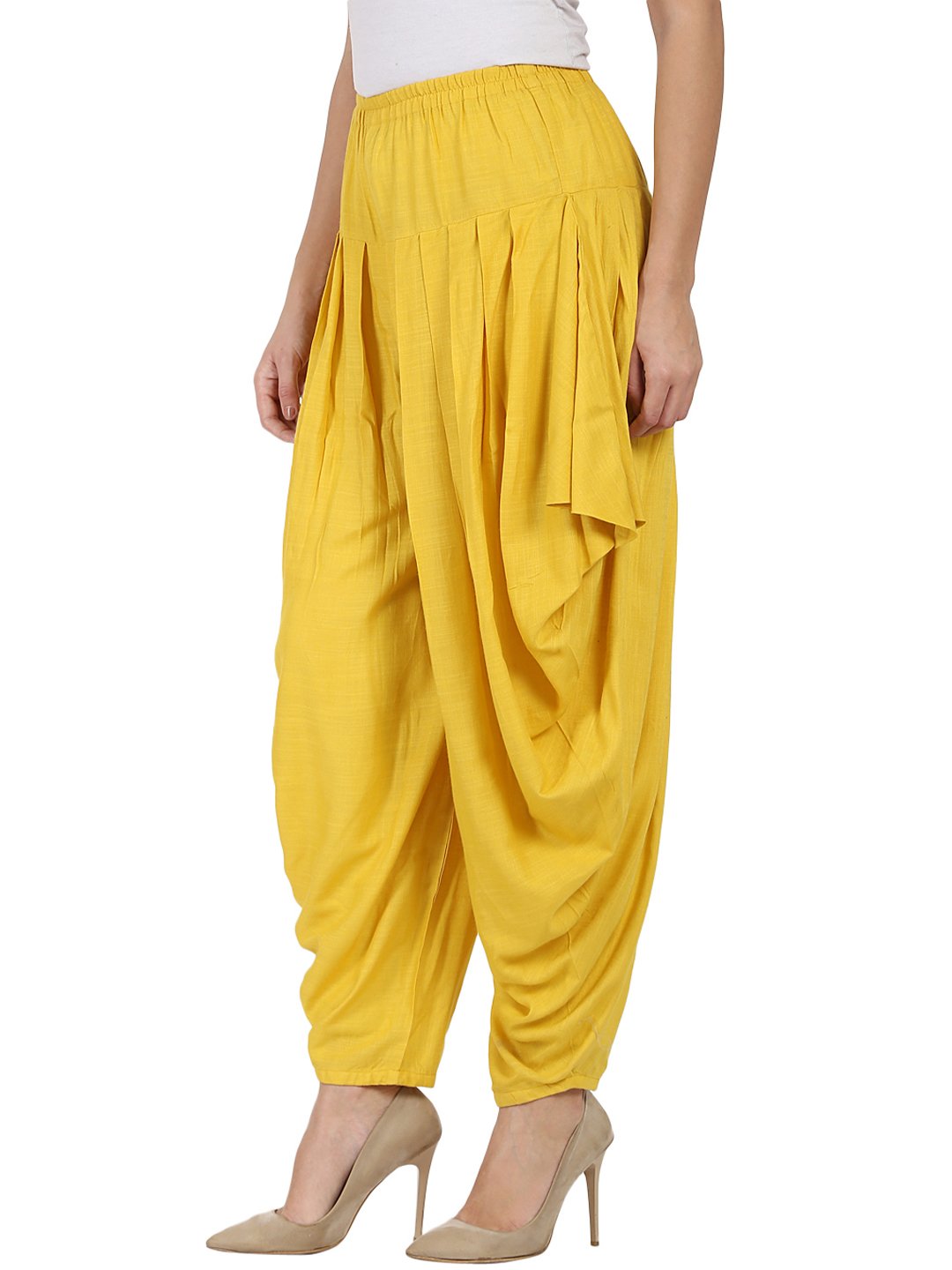 Women's Yellow Rayon Slub Ankle Length Pleated Dhoti