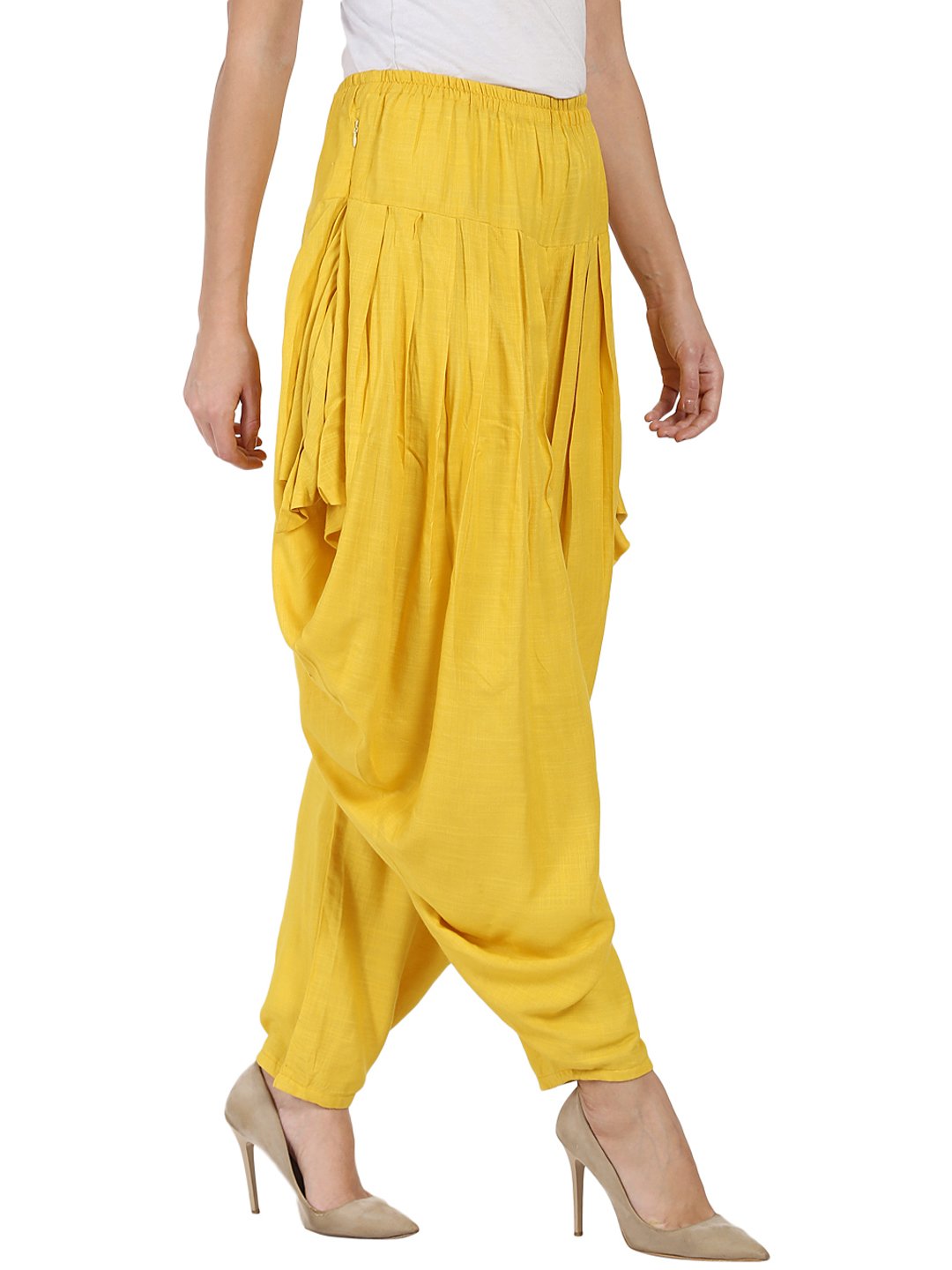 Women's Yellow Rayon Slub Ankle Length Pleated Dhoti