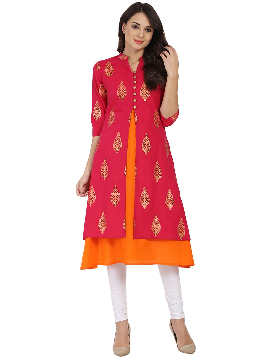 Women's Red And Orange Printed 3/4Th Sleeve Double Layer Cotton Kurta