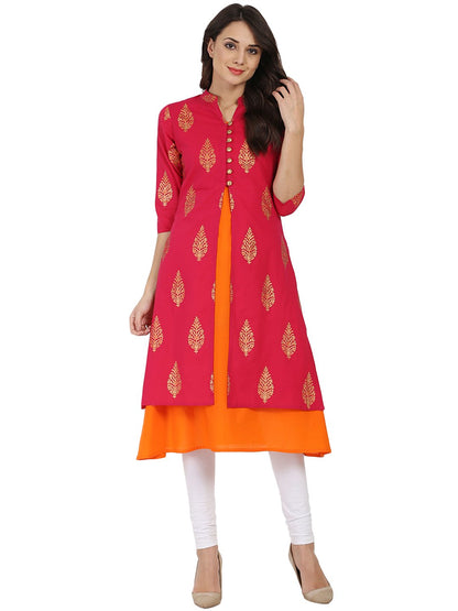 Women's Red And Orange Printed 3/4Th Sleeve Double Layer Cotton Kurta