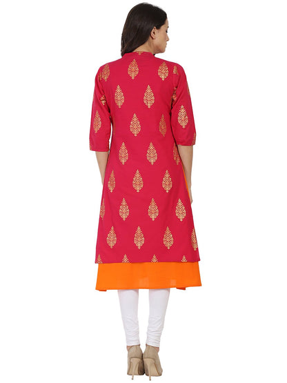 Women's Red And Orange Printed 3/4Th Sleeve Double Layer Cotton Kurta