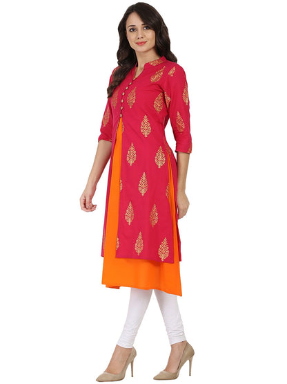 Women's Red And Orange Printed 3/4Th Sleeve Double Layer Cotton Kurta