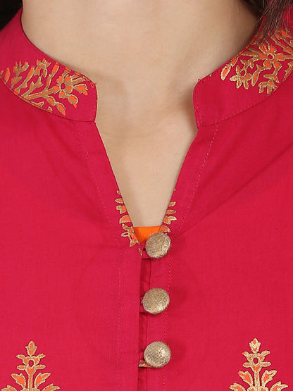 Women's Red And Orange Printed 3/4Th Sleeve Double Layer Cotton Kurta
