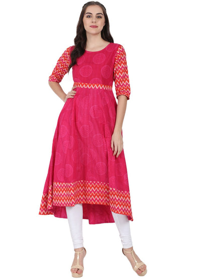 Women's Pink Printed 3/4Th Sleeve Cotton Anarkali Kurta