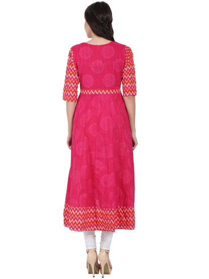 Women's Pink Printed 3/4Th Sleeve Cotton Anarkali Kurta