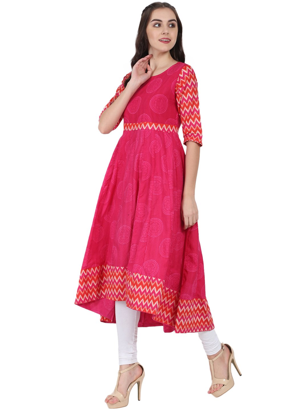Women's Pink Printed 3/4Th Sleeve Cotton Anarkali Kurta
