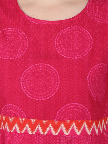 Women's Pink Printed 3/4Th Sleeve Cotton Anarkali Kurta