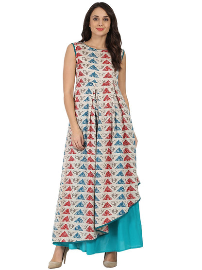 Women's Blue Printed Sleeveless Cotton A-Line Kurta With Blue Palazzo