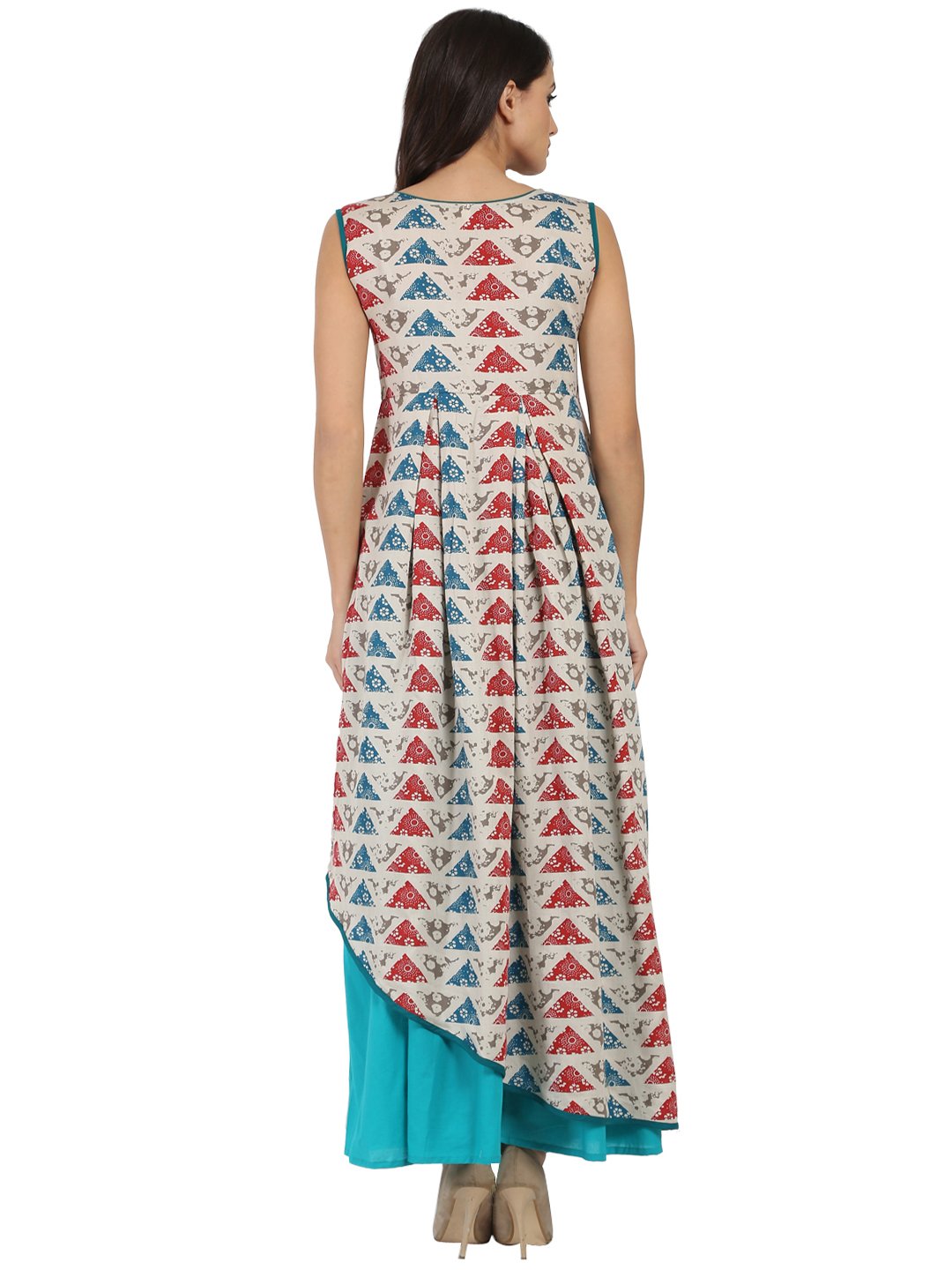 Women's Blue Printed Sleeveless Cotton A-Line Kurta With Blue Palazzo