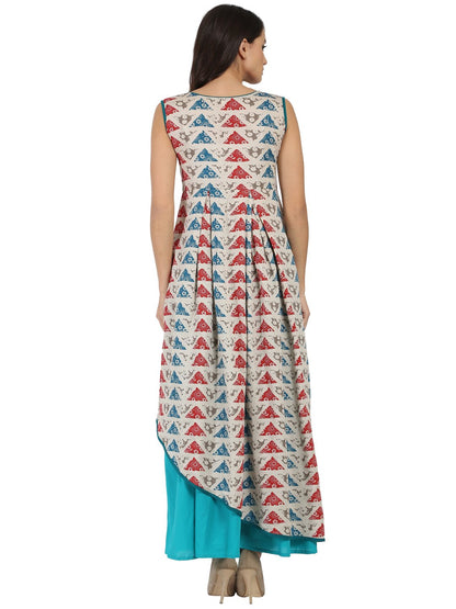 Women's Blue Printed Sleeveless Cotton A-Line Kurta With Blue Palazzo
