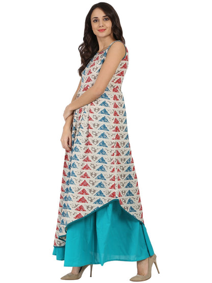 Women's Blue Printed Sleeveless Cotton A-Line Kurta With Blue Palazzo
