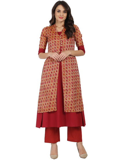 Women's Red Printed 3/4Th Sleeve Chandri Double Layer Kurta