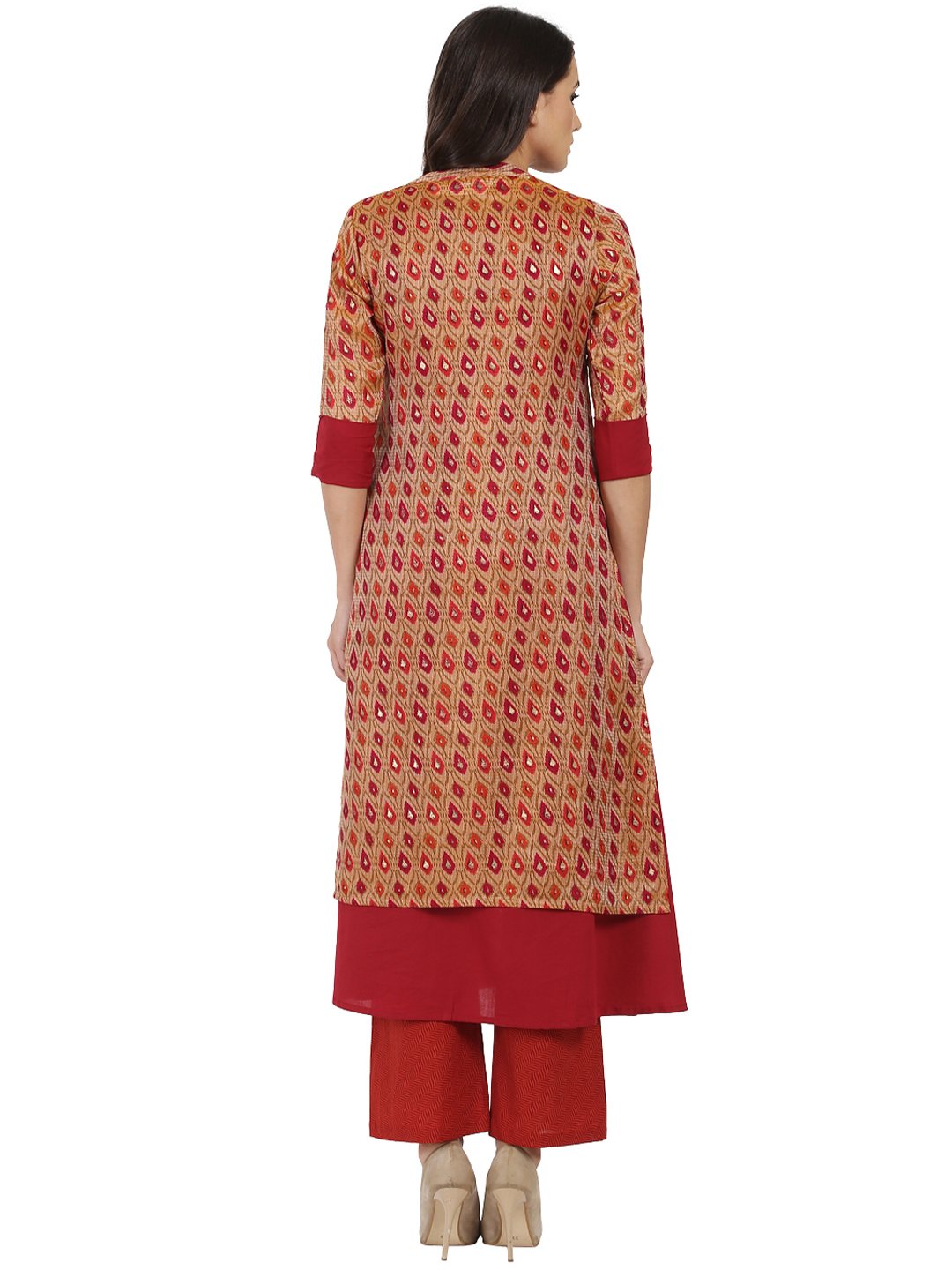 Women's Red Printed 3/4Th Sleeve Chandri Double Layer Kurta