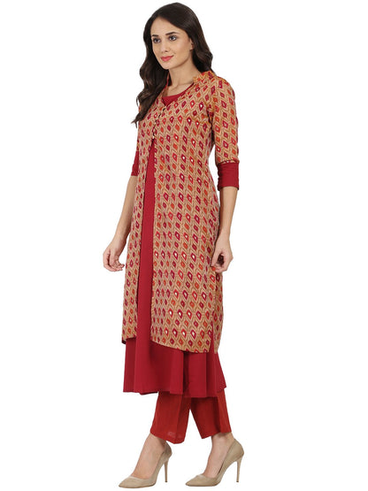 Women's Red Printed 3/4Th Sleeve Chandri Double Layer Kurta