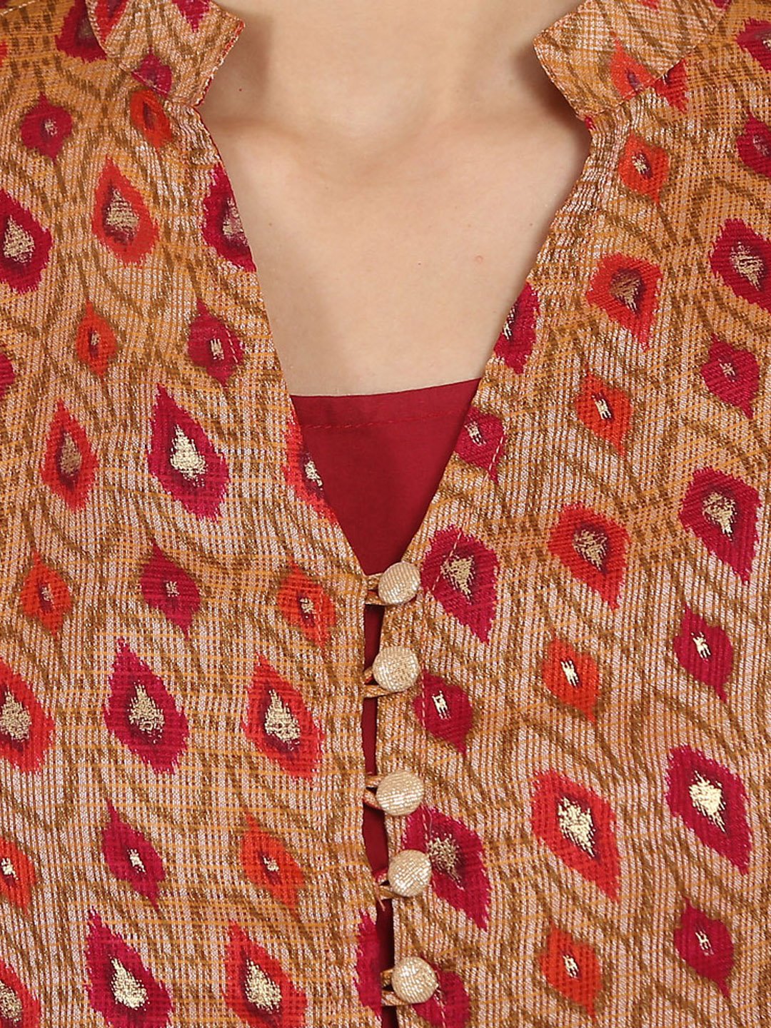 Women's Red Printed 3/4Th Sleeve Chandri Double Layer Kurta
