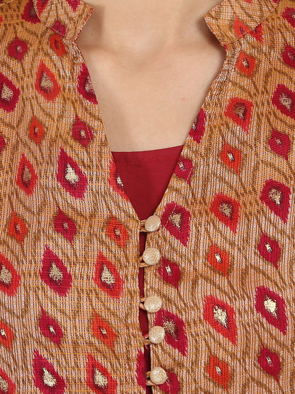 Women's Red Printed 3/4Th Sleeve Chandri Double Layer Kurta
