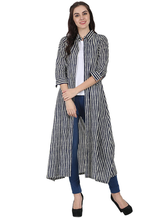 Women's Blue Printed 3/4Th Sleeve Cotton Kurta With Front Open