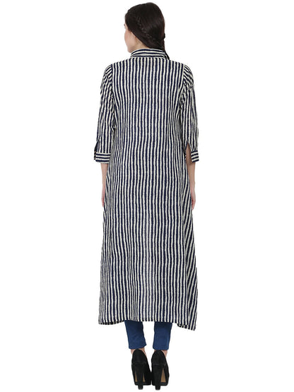 Women's Blue Printed 3/4Th Sleeve Cotton Kurta With Front Open