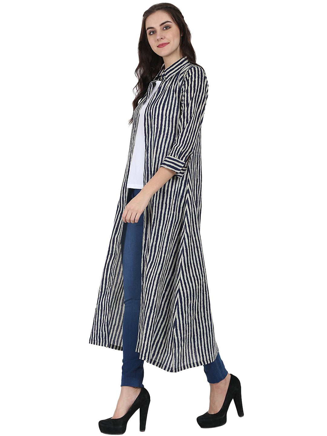 Women's Blue Printed 3/4Th Sleeve Cotton Kurta With Front Open