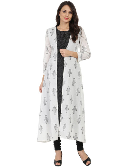 Women's Dark Grey Sleevelss Cotton A-Line Kurta With White Printed Long Jacket Open At Front