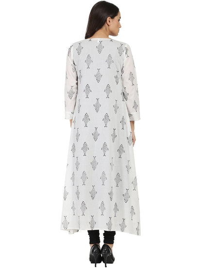 Women's Dark Grey Sleevelss Cotton A-Line Kurta With White Printed Long Jacket Open At Front