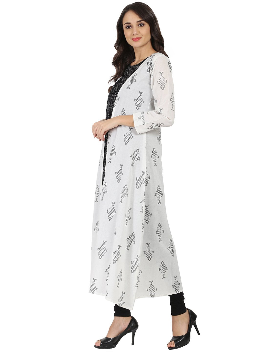 Women's Dark Grey Sleevelss Cotton A-Line Kurta With White Printed Long Jacket Open At Front