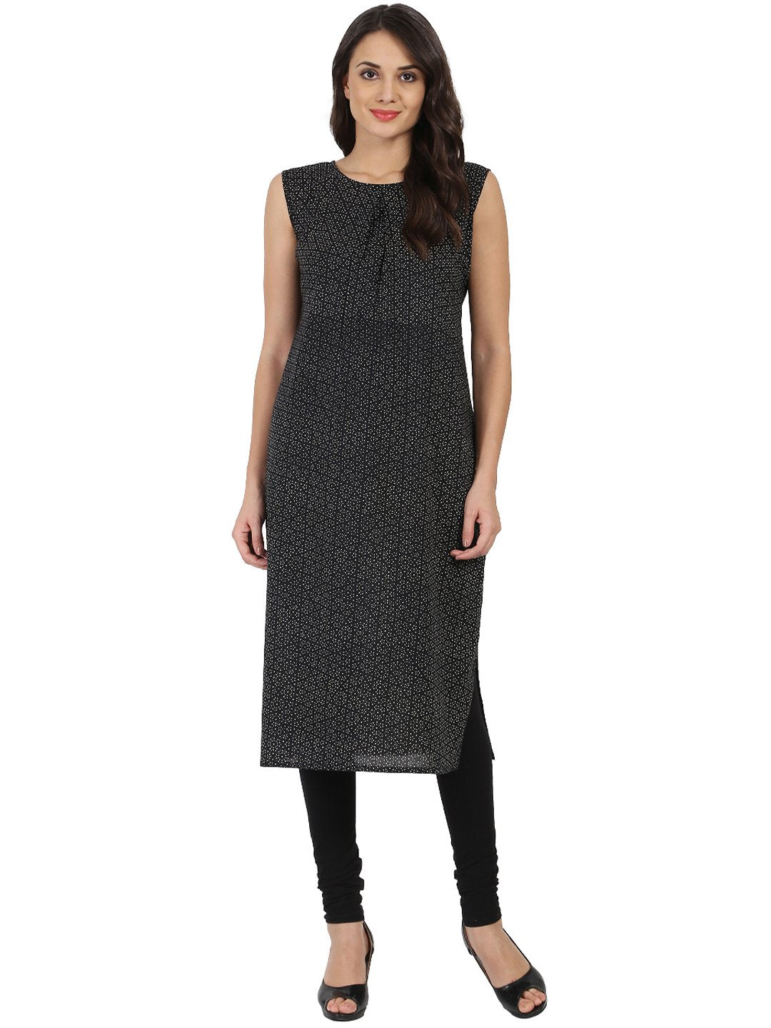 Women's Dark Grey Sleevelss Cotton A-Line Kurta With White Printed Long Jacket Open At Front