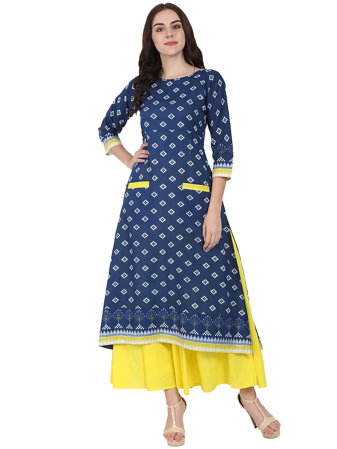 Women's Blue Printed 3/4Th Sleeve Cotton Double Pocket Kurta With Yellow Flared Ankle Length Skirt