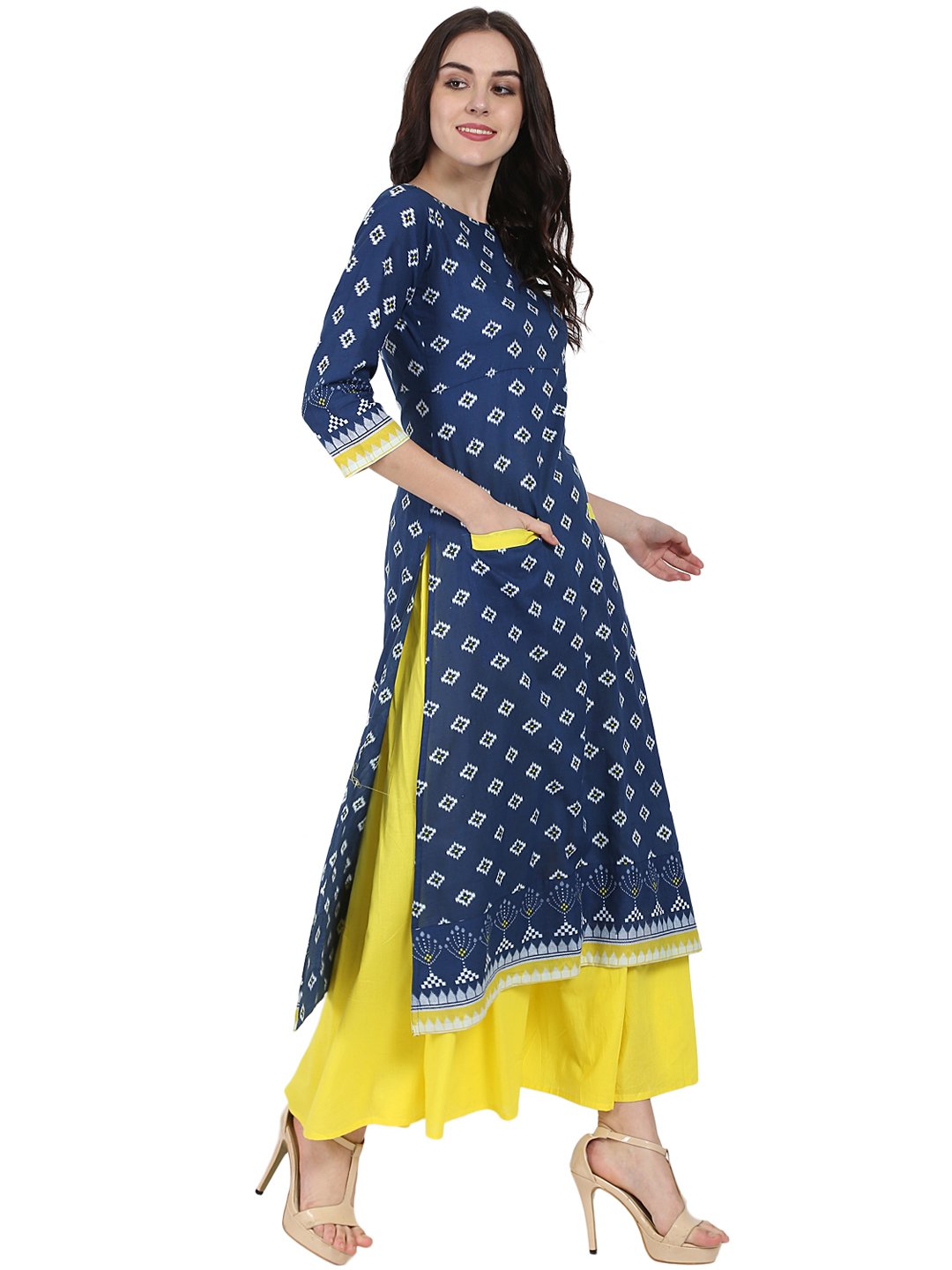 Women's Blue Printed 3/4Th Sleeve Cotton Double Pocket Kurta With Yellow Flared Ankle Length Skirt