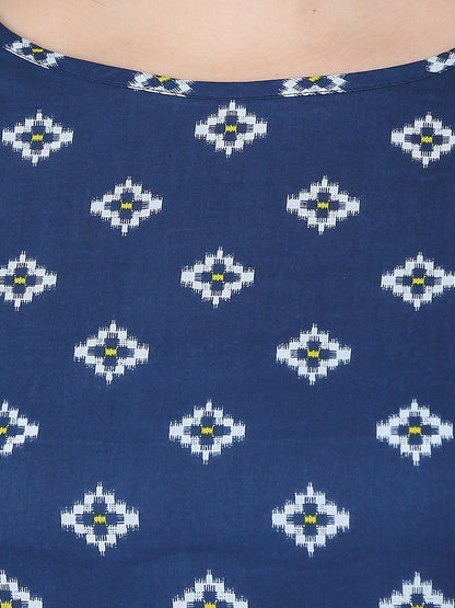 Women's Blue Printed 3/4Th Sleeve Cotton Double Pocket Kurta With Yellow Flared Ankle Length Skirt