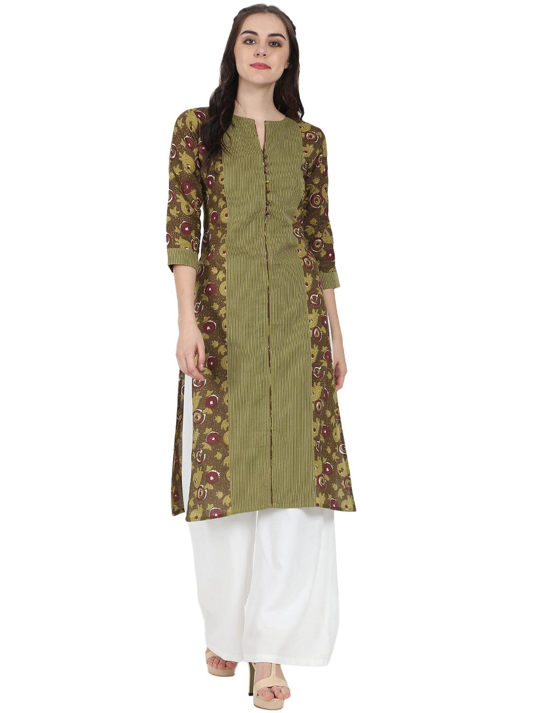 Women's Green Printed 3/4Th Sleeve Cotton Kurta