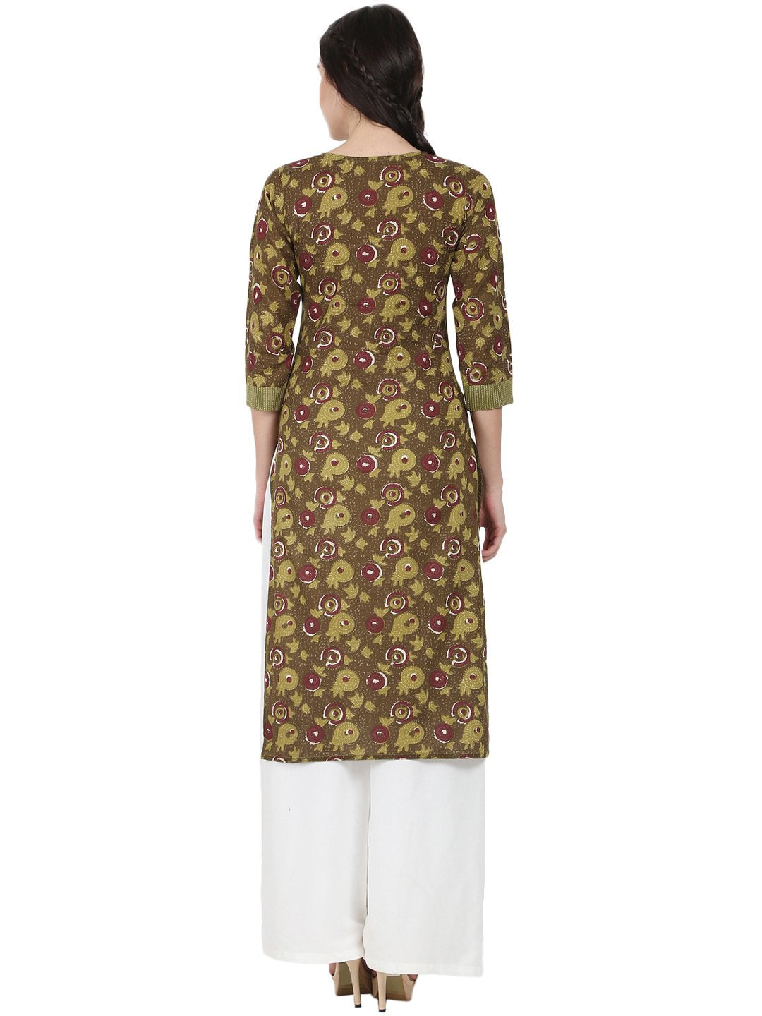 Women's Green Printed 3/4Th Sleeve Cotton Kurta
