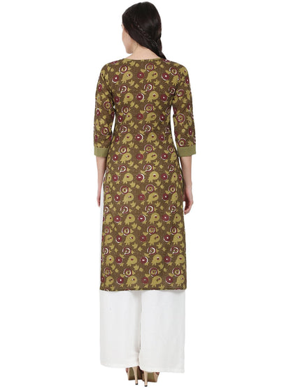 Women's Green Printed 3/4Th Sleeve Cotton Kurta
