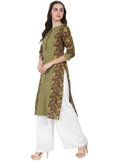 Women's Green Printed 3/4Th Sleeve Cotton Kurta