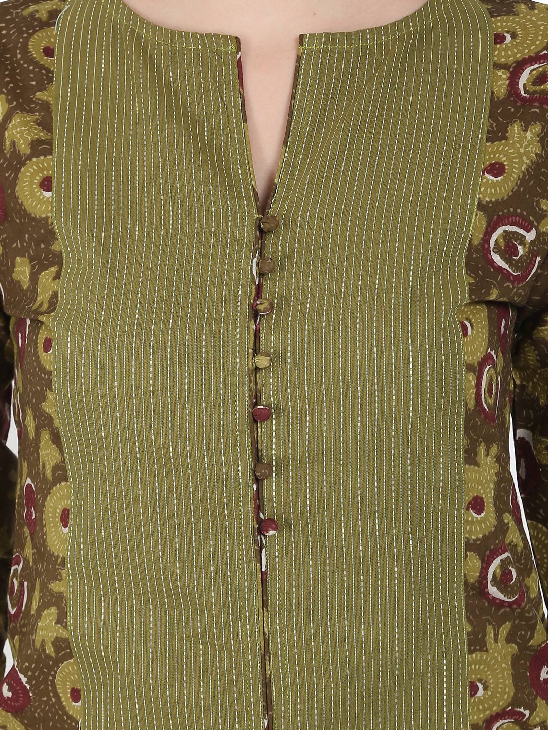 Women's Green Printed 3/4Th Sleeve Cotton Kurta