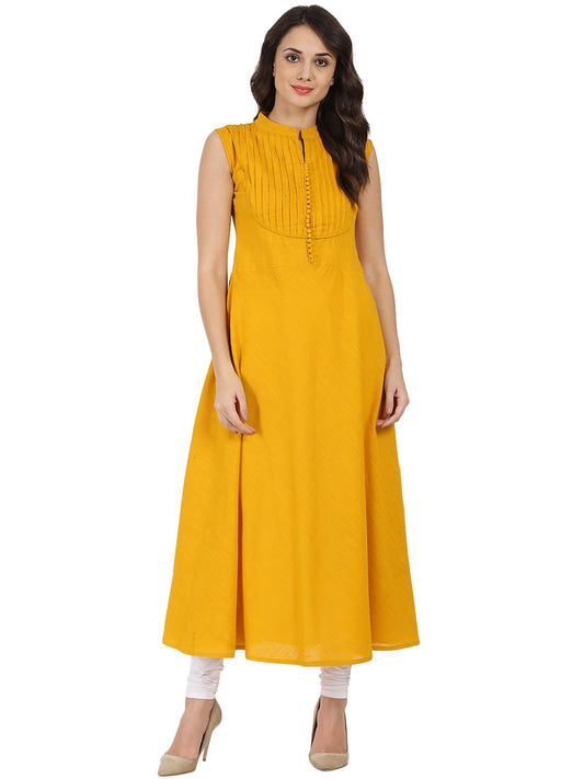 Women's Mustard Sleeveless Cotton Slub A-Line Kurta