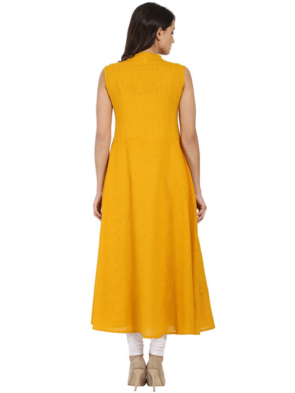 Women's Mustard Sleeveless Cotton Slub A-Line Kurta