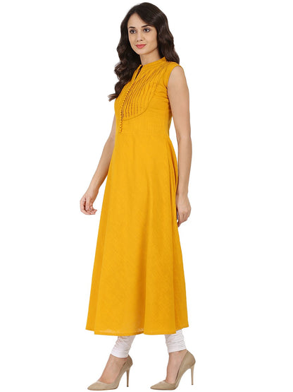 Women's Mustard Sleeveless Cotton Slub A-Line Kurta