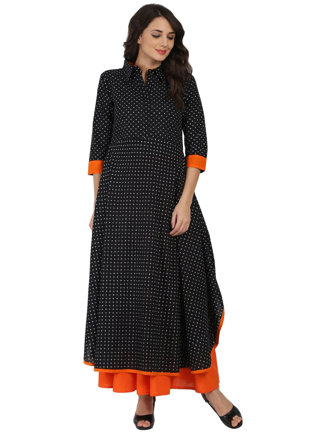 Women's Black Printed 3/4Th Sleeve Pathani Shape Kurta