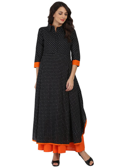 Women's Black Printed 3/4Th Sleeve Pathani Shape Kurta