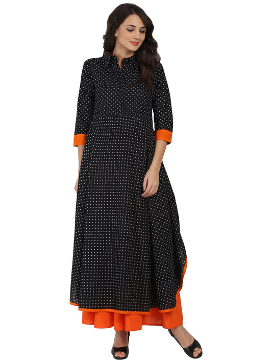 Women's Black Printed 3/4Th Sleeve Pathani Shape Kurta