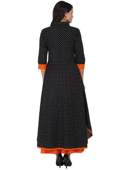 Women's Black Printed 3/4Th Sleeve Pathani Shape Kurta