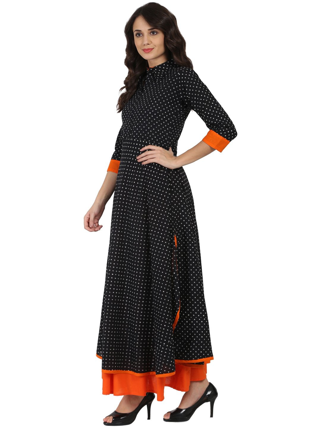 Women's Black Printed 3/4Th Sleeve Pathani Shape Kurta