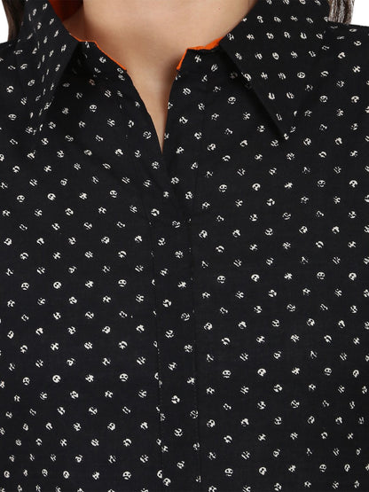Women's Black Printed 3/4Th Sleeve Pathani Shape Kurta