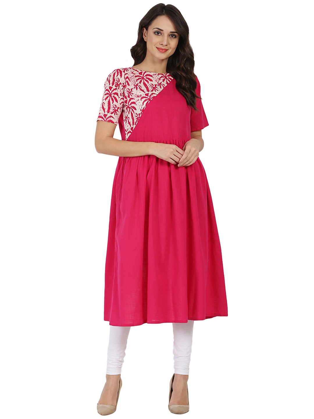 Women's Pink Half Sleeve Cotton Anarkali Kurta